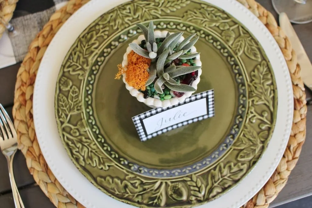 A Fresh Take on Fall: Green Pumpkin Tablescape with Succulent Place Cards