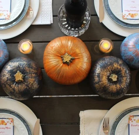 Simple Thanksgiving Tablescape: How to Elevate Your Fall Table with Painted Blue &amp; Bronze Pumpkins
