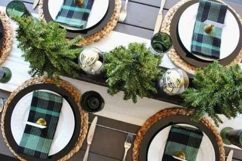 Pottery Barn-Inspired Holiday Tablescape: Cozy Green Plaid, Gold Bells &amp; Festive Charm