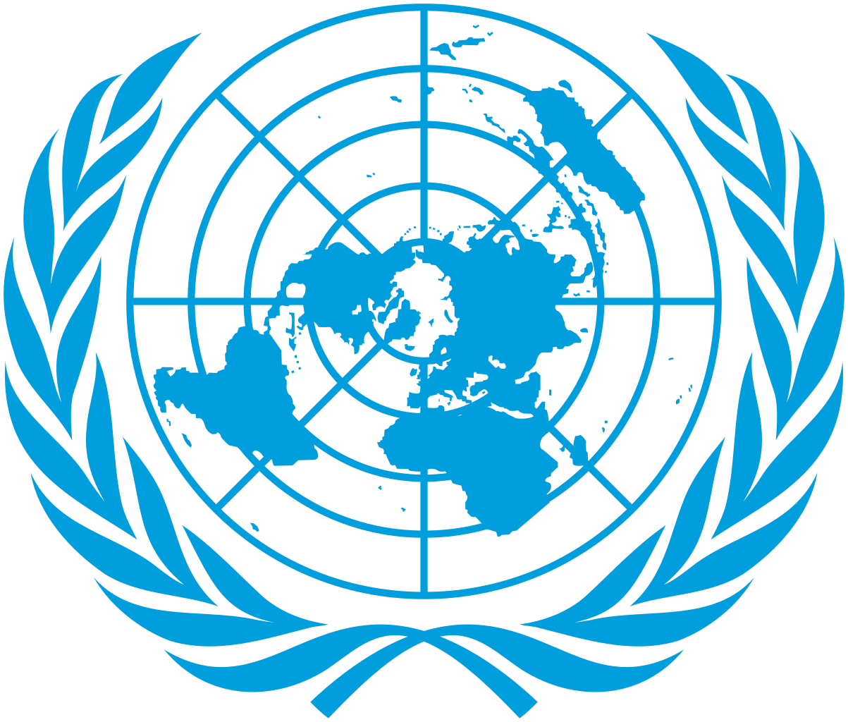 United Nations emblem featuring a world map surrounded by olive branches.