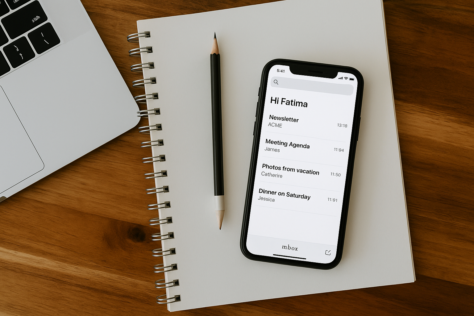 An iPhone displaying a messaging app, placed on a white spiral notebook and positioned on a wooden desk, alongside a pencil and part of a laptop.