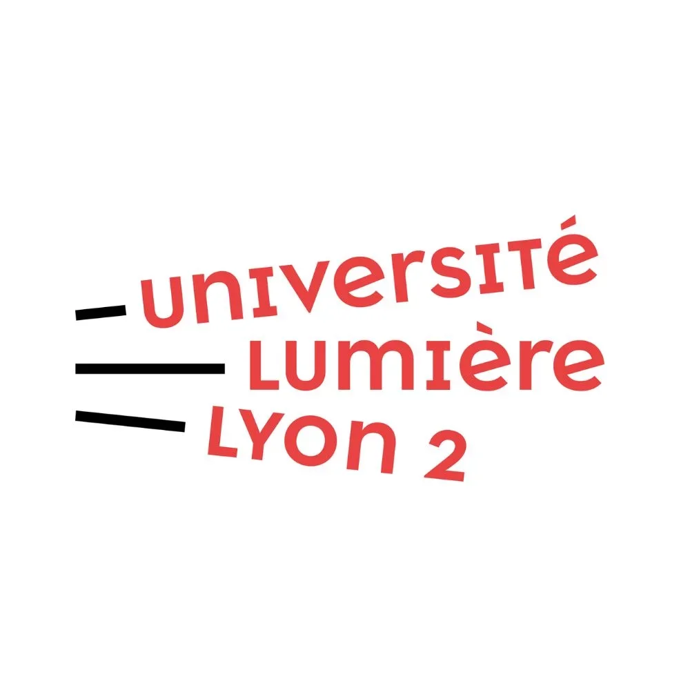 Text design with the words "université Lumière Lyon 2" in red and black, arranged in a dynamic, tilted layout.