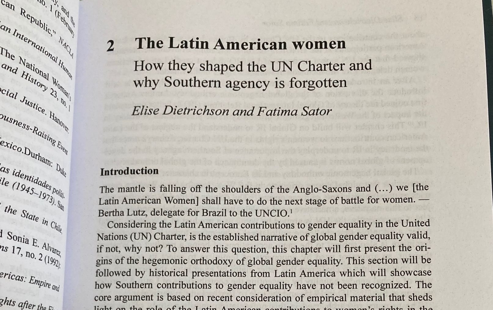 Open book showing the title "The Latin American women" and subtitle "How they shaped the UN Charter and why Southern agency is forgotten", authored by Elise Dietrichson and Fatima Sator, with visible introductory text.