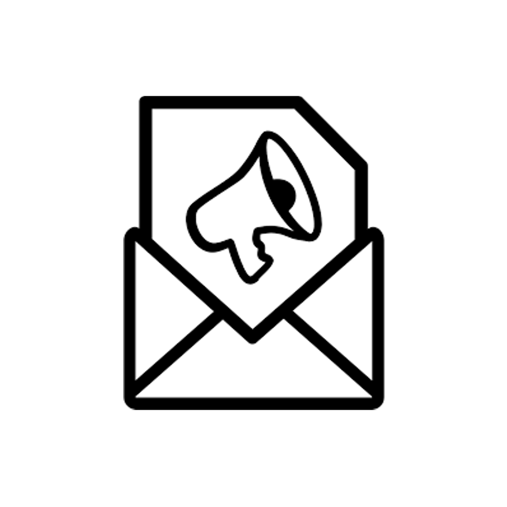 An envelope with a card featuring a megaphone icon inside.