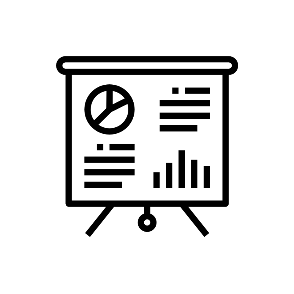 Icon of a presentation board with charts and graphs, including a pie chart and bar chart.