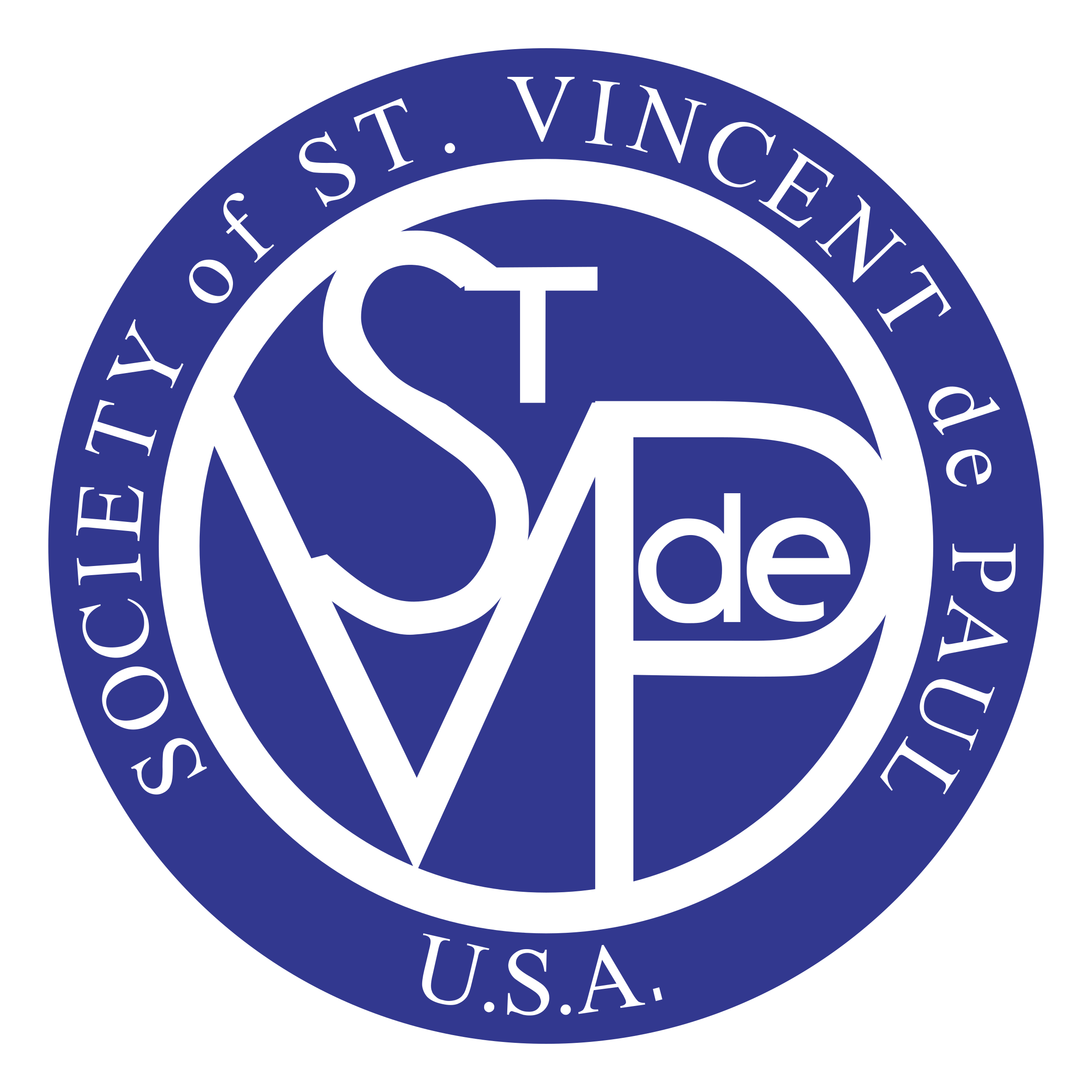 Seal of the Society of St. Vincent de Paul, USA, with the words 'Society of St. Vincent de Paul' around the edge and a blue background with white lettering and design.