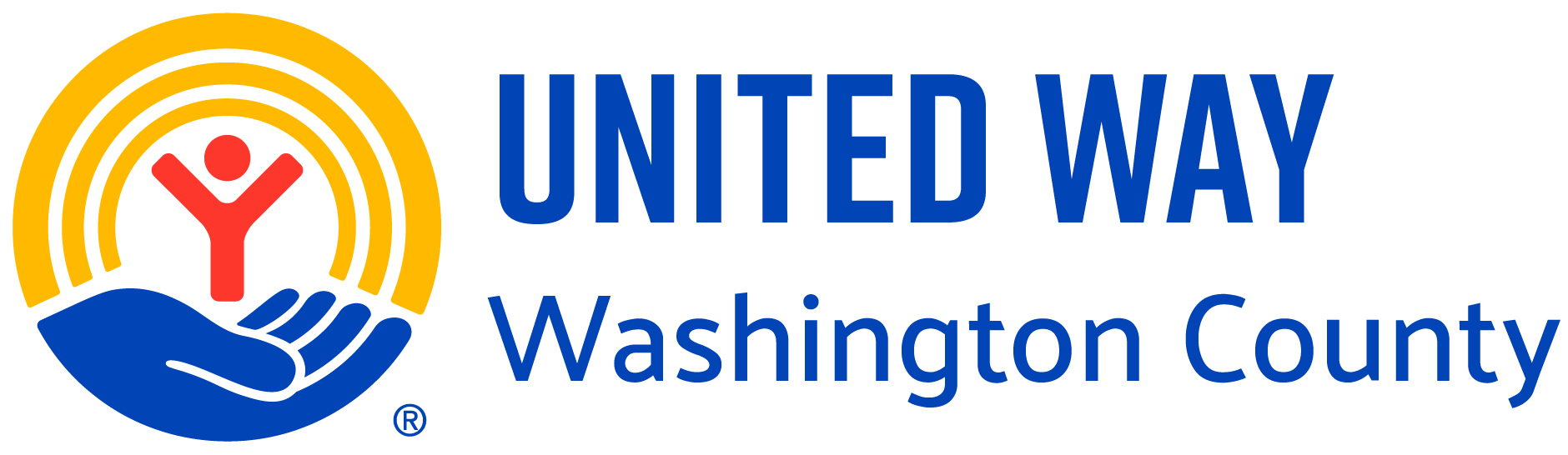 United Way Washington County logo with a stylized hand holding a red person icon inside a circle with rainbow bands.