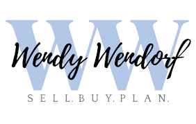 Logo with large blue W, black script text 'Wendy Wendorf' and smaller gray text 'SELL.BUY.PLAN.'