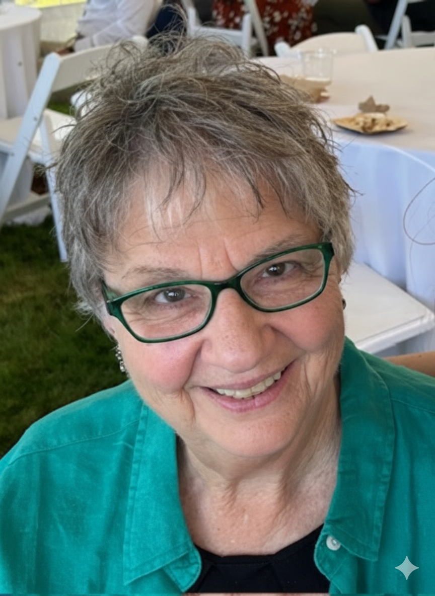 A smiling older woman wearing glasses and a teal shirt at a gathering with white chairs and tables in the background.