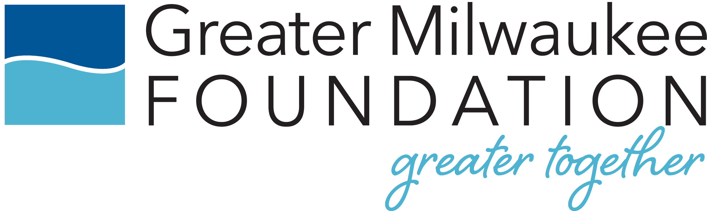 Logo of the Greater Milwaukee Foundation with a blue square containing a wave design, and text that reads 'Greater Milwaukee Foundation' and 'greater together' in cursive.