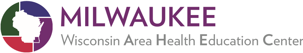 Logo for Milwaukee Wisconsin Area Health Education Center, featuring a circular emblem with an outline of Wisconsin and colors purple, green, and red.