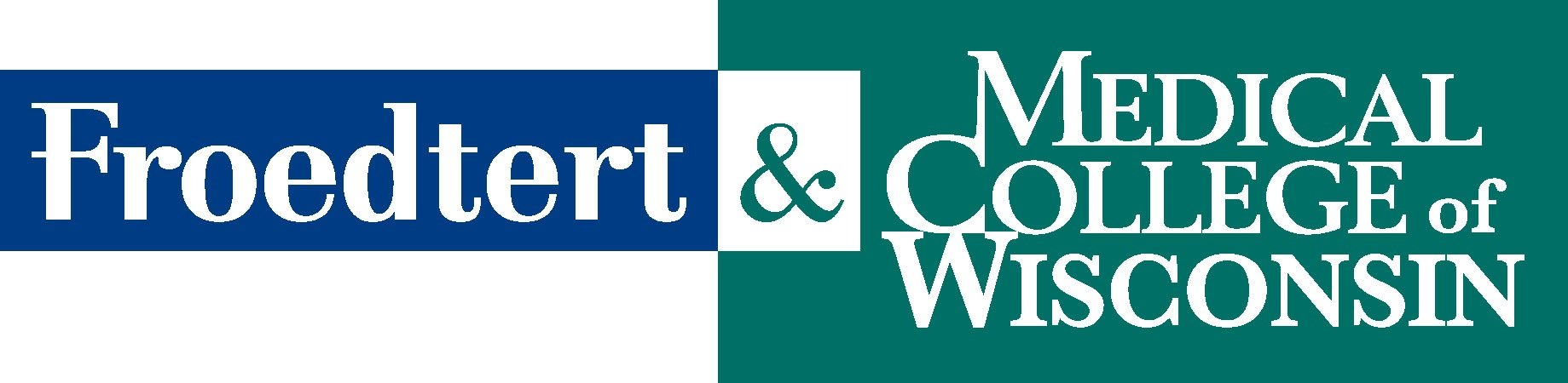Logo of Froedtert & Medical College of Wisconsin with blue and green color blocks and white text