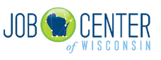 Logo for the Job Center of Wisconsin, featuring a map of Wisconsin with a green background and blue text.