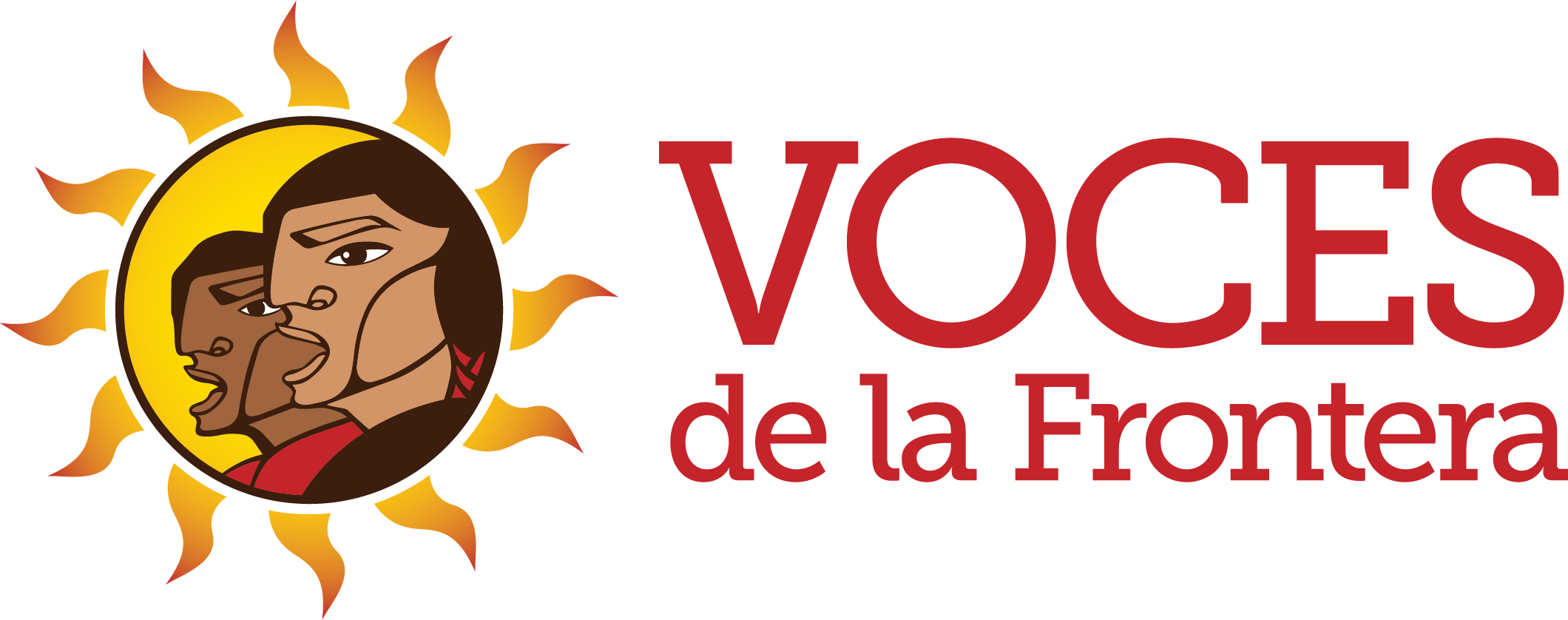 African American man and woman speaking into microphones during a broadcast, with a logo featuring their faces in profile and a red and orange background.