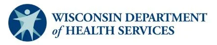 Logo of Wisconsin Department of Health Services, featuring a stylized human figure with arms raised inside a circle.