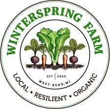 Logo of Winterspring Farm featuring three root vegetables and leafy greens with the text 'Winterspring Farm, Est 2020, West Bend, WI, Local, Resilient, Organic'.