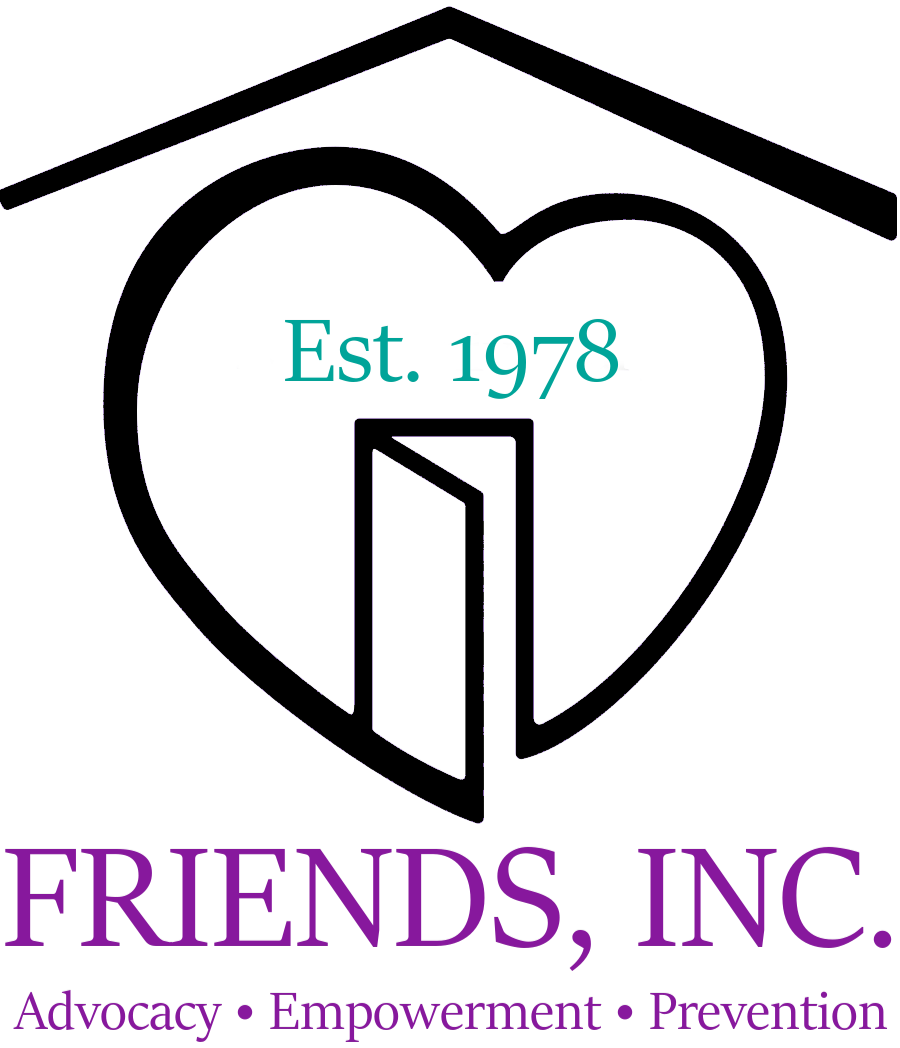Logo of Friends, Inc., a nonprofit organization, featuring a heart shape with a building outline inside and the text 'Est. 1978' in teal, with purple text 'FRIENDS, INC.' and the words 'Advocacy, Empowerment, Prevention' underneath.