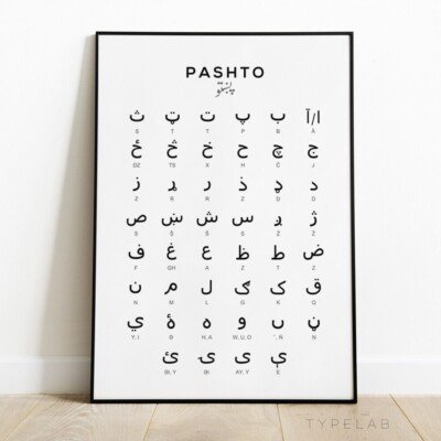 Eye chart with Arabic alphabet for vision testing, titled 'PASHTO' at the top, framed and leaning against a wall on the floor.