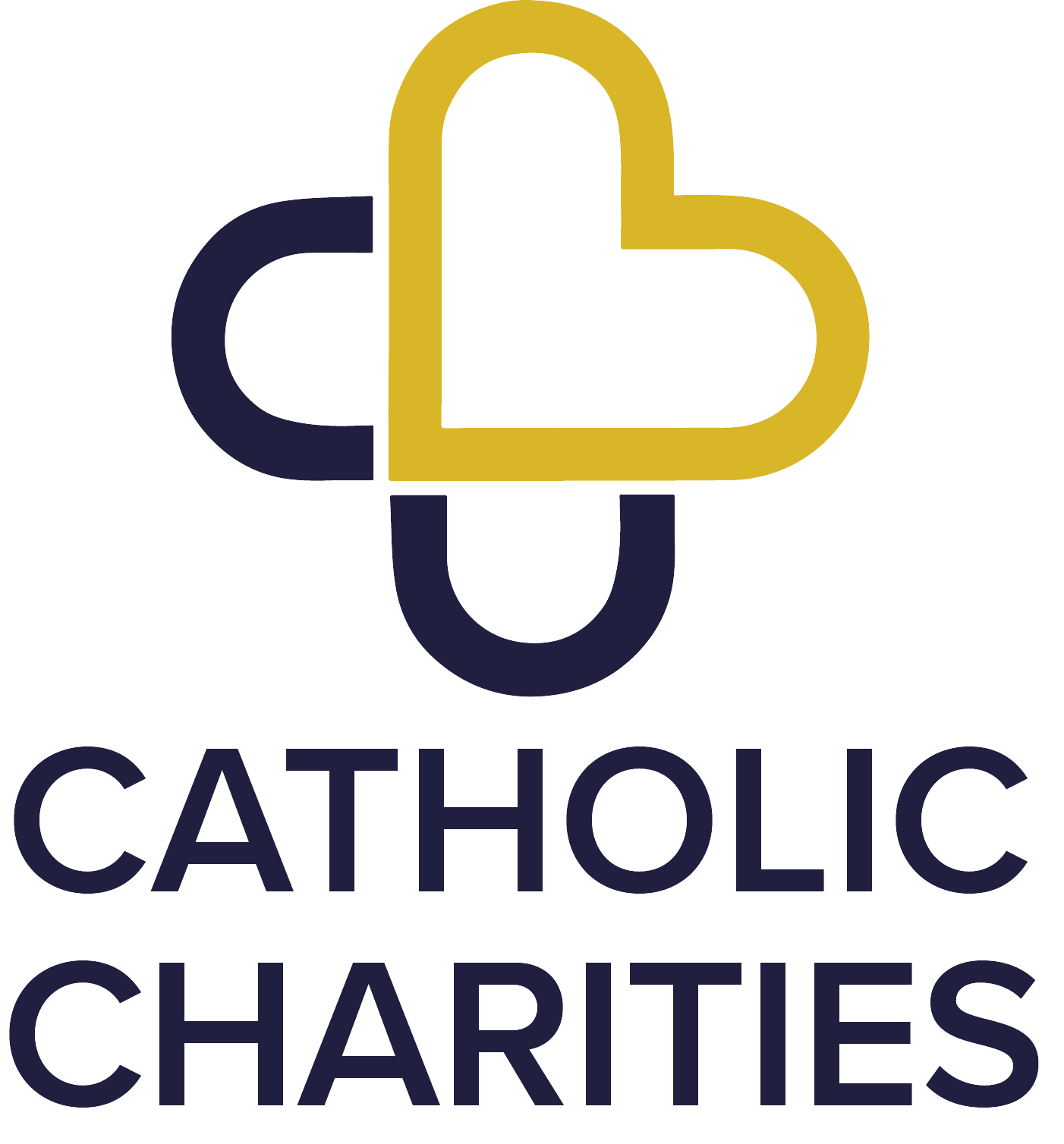 Logo for Catholic Charities featuring a stylized heart symbol in gold and dark blue with the text 'CATHOLIC CHARITIES' below.