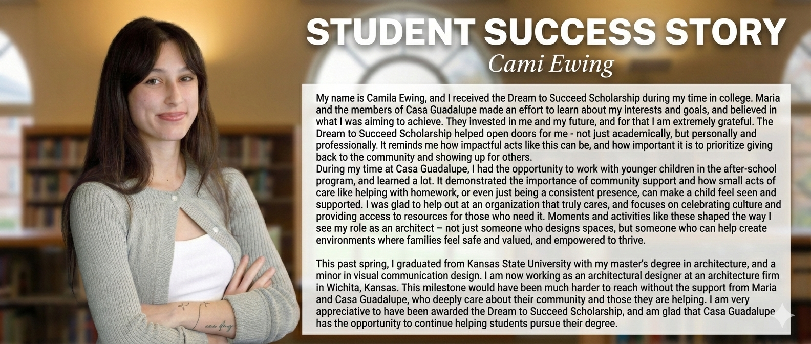 A young woman with long brown hair, wearing a gray cardigan over a white top, is standing with her arms crossed in a library. Behind her is a blurred background of bookshelves and windows, with the text "Student Success Story" and "Cami Ewing" at the top, and a lengthy testimonial message.
