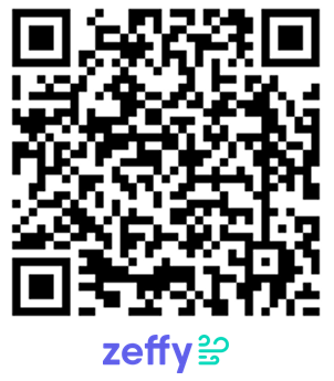 A QR code with the word "zeffy" beneath it.