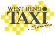 West Bend Taxi Service logo with yellow and black text and abstract yellow squares