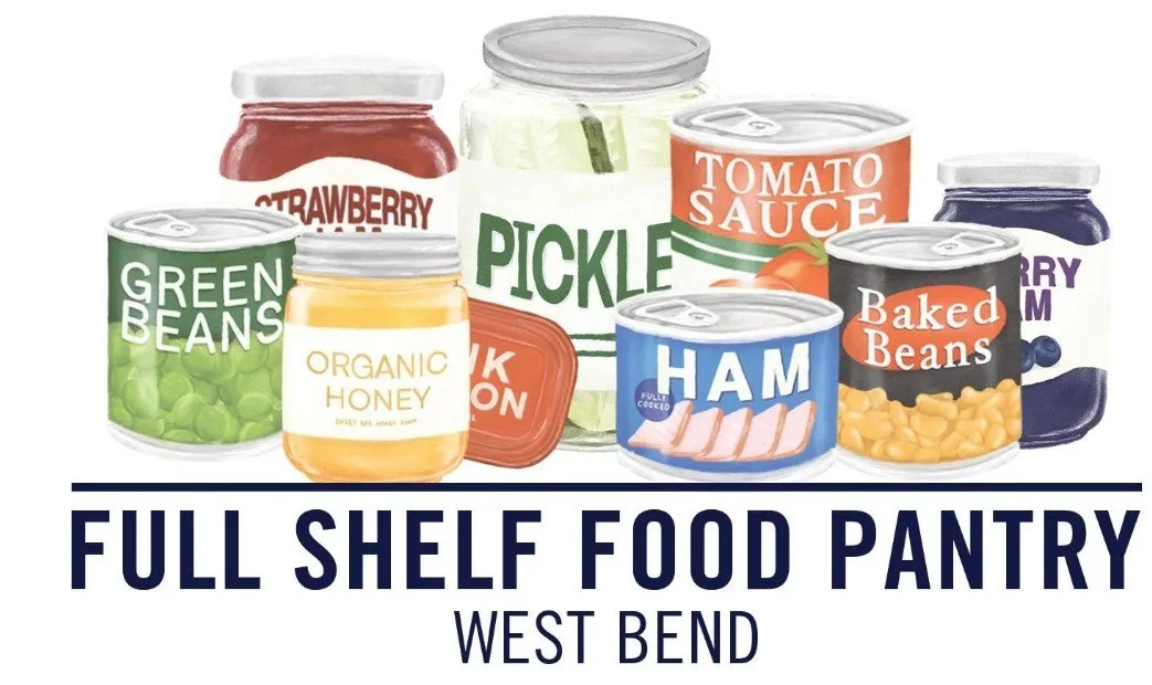 Arrangement of canned and jarred food items including green beans, strawberry jam, organic honey, pickles, tomato sauce, baked beans, blueberry jam, ham, and turkey bacon, with the text 'Full Shelf Food Pantry West Bend' below.