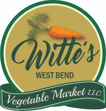 Logo for Witte's Vegetable Market LLC in West Bend, featuring a carrot and a sprig of green foliage on a green and beige background.