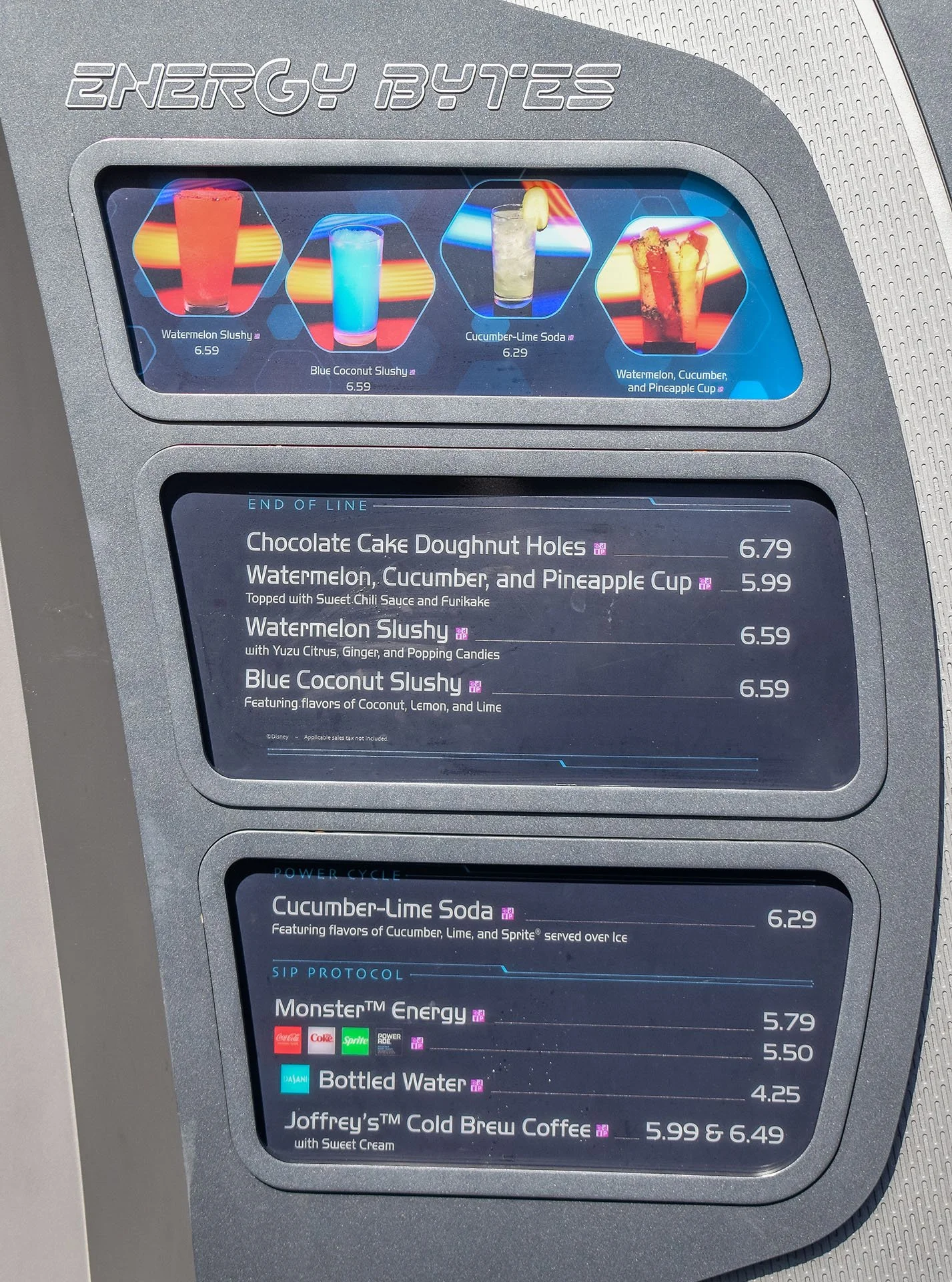 Outdoor photo of the Energy Bytes sign in Tomorrowland at Walt Disney World’s Magic Kingdom