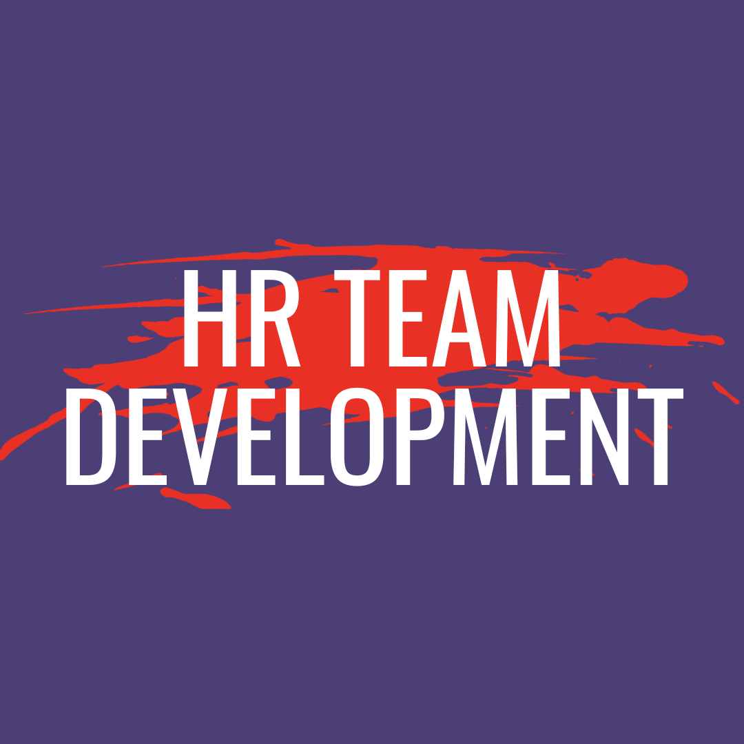Graphic design featuring the text 'HR Team Development' over a purple background with a red paint stroke behind the text.