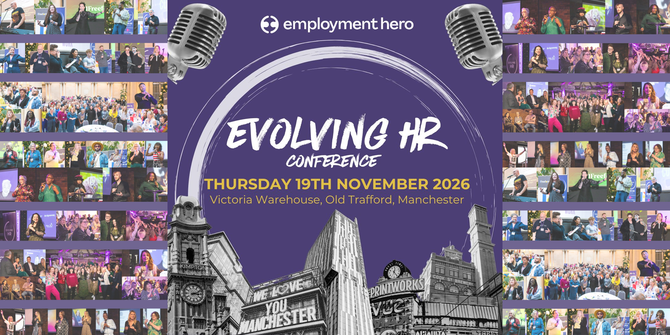 A promotional poster for the 'Evolving HR' conference on November 19, 2026, at Victoria Warehouse, Old Trafford, Manchester. The poster features photos of past conference attendees and speakers, with event details prominently displayed against a purple background and illustrations of city buildings and microphones.