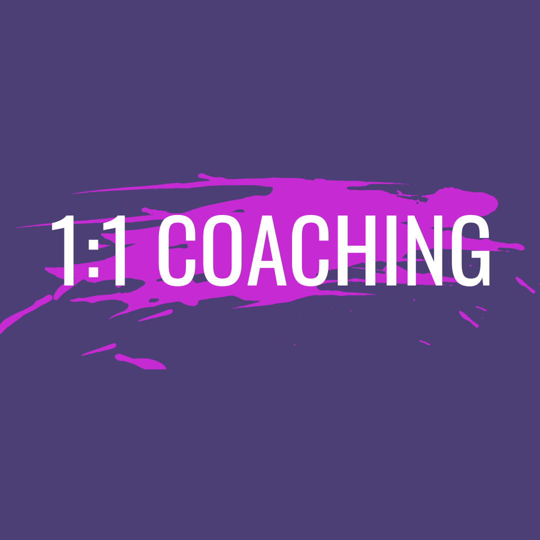 Graphic with purple paint streaks and the text '1:1 Coaching' in white, on a dark purple background.