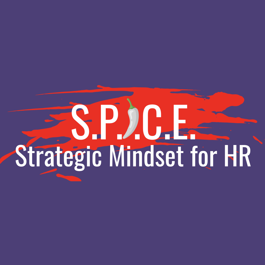 Logo with red paint splash background, white text reading "S.P.I.C.E. Strategic Mindset for HR," and a white chili pepper with green stem replacing the letter "I" in "S.P.I.C.E."