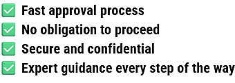 Checklist of benefits: fast approval process, no obligation to proceed, secure and confidential, expert guidance every step.