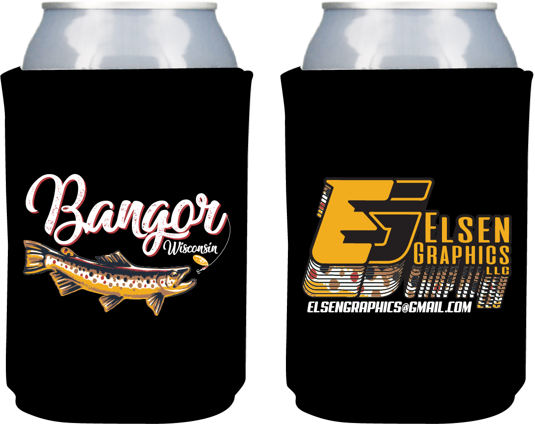 Two beverage cans with black labels. The left can has a logo reading 'Bangor Wisconsin' with a fish illustration. The right can has a logo with stylized letters 'E' and 'S' and text reading 'Elsen Graphics LLC' and an email address.