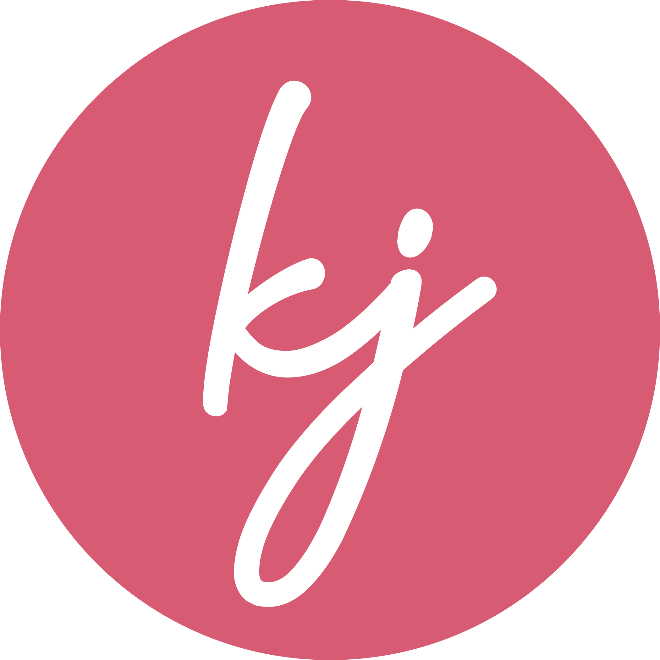Pink circle background with the white cursive letters 'kj' in the center