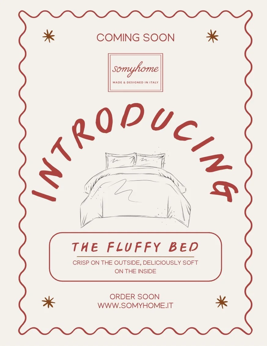 Design for a new product called 'the fluffy bed,' featuring a sketch of a bed with pillows, and promotional text indicating it is coming soon with a website link to order.