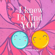 Two round shapes, one light blue the other orange, smile happily at each other