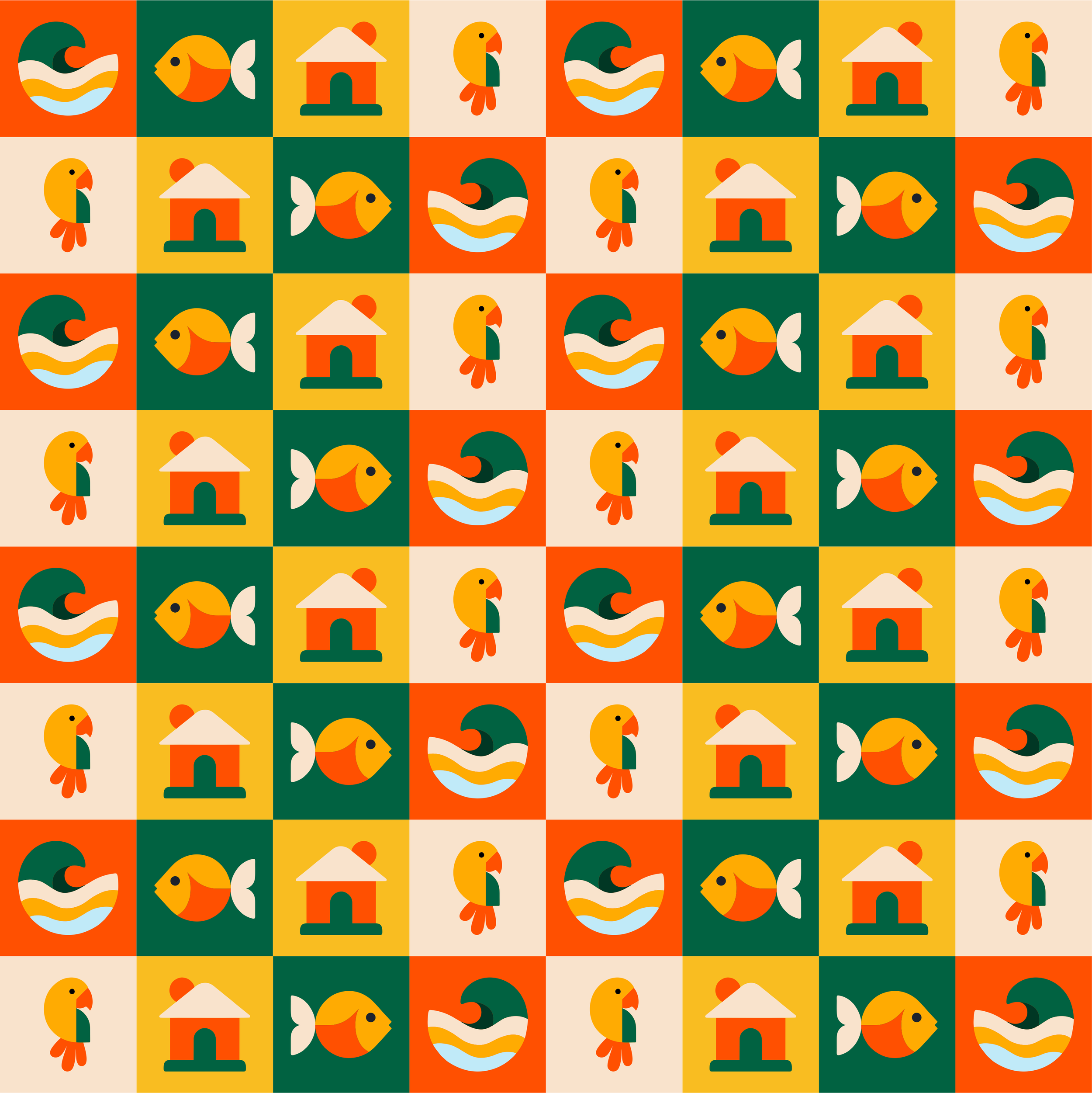 Padrão colorido com desenhos de peixes, pássaros, casa e ondas, em cores quentes como amarelo, laranja, verde escuro e bege.