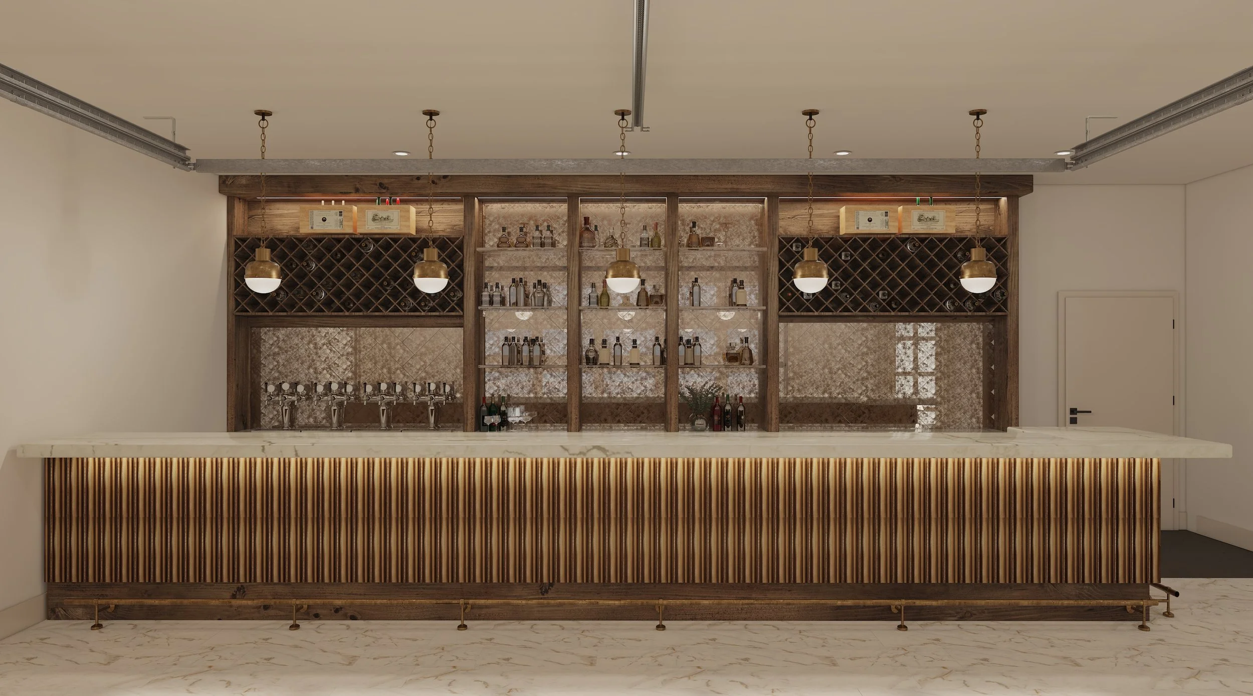 Modern bar with a marble countertop, wooden slat front, and shelves behind displaying bottles and glasses, illuminated by hanging pendant lights.