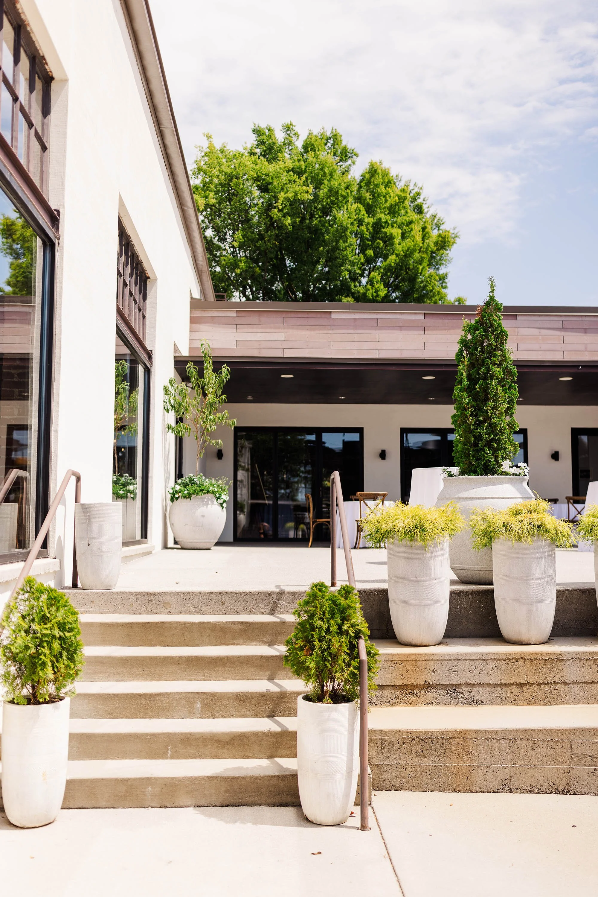 Exterior patio of a modern building with potted plants and stairs leading up to the entrance.