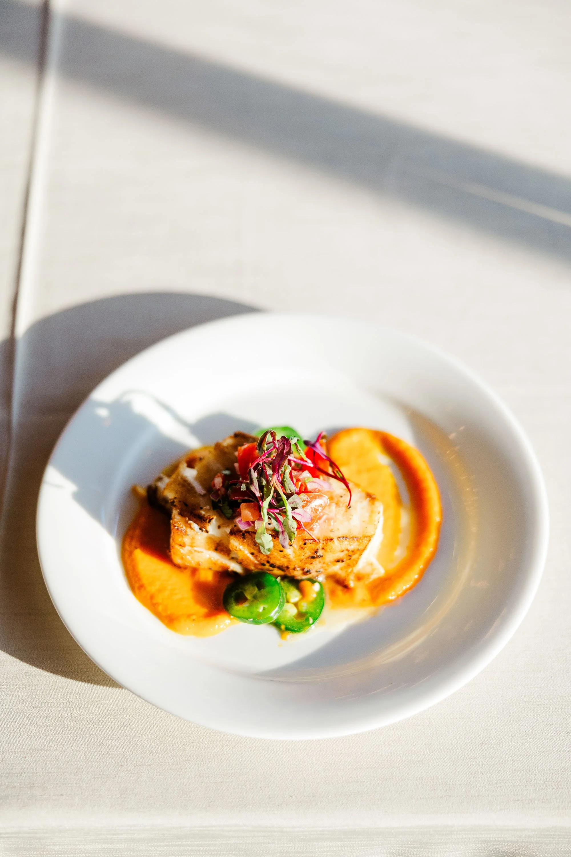 A plated dish with grilled fish, garnished with microgreens, served with orange-colored sauce and green peppers on white plate.