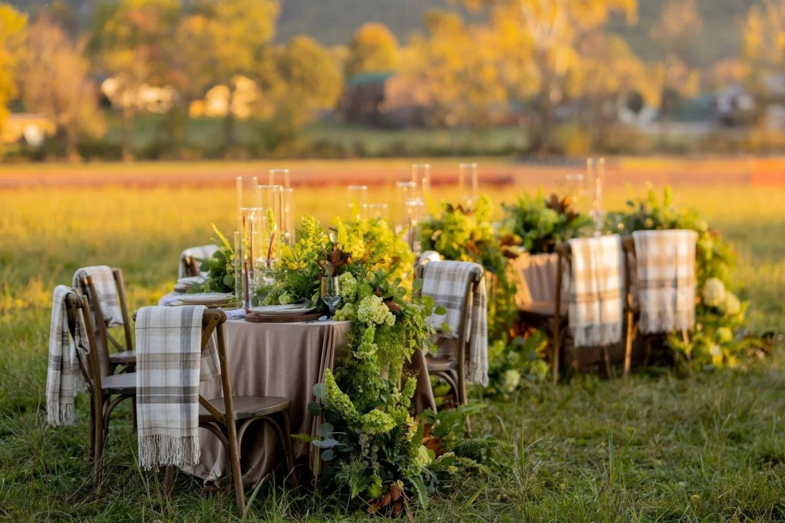 Reception Table with Greenery in The Smoky Mountain Wedding Venue