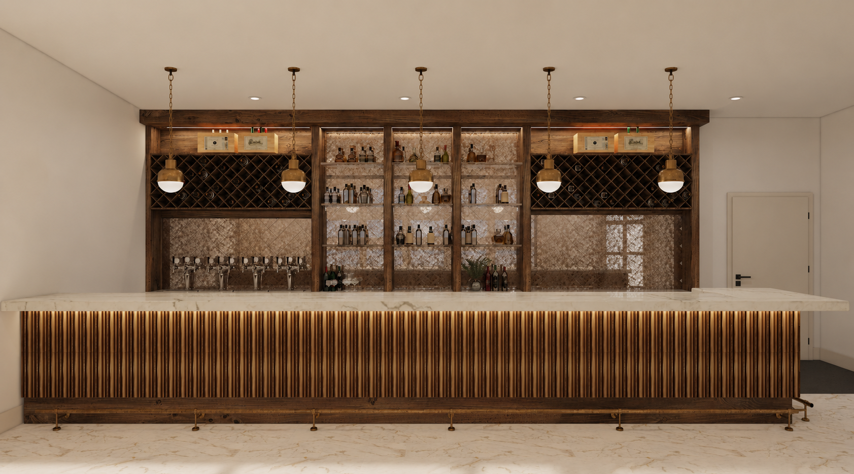 Rendering of The Lumigail’s elegant indoor bar featuring warm wood details, marble countertops, pendant lighting, and built-in wine storage at the Smoky Mountain wedding venue near Pigeon Forge, Tennessee.