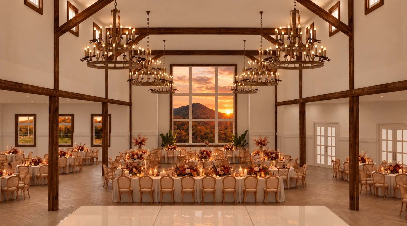 Fall wedding reception inside Cove Hall at The Lumigail, featuring warm candlelight, autumn florals, chandeliers, and Smoky Mountain views near Gatlinburg.