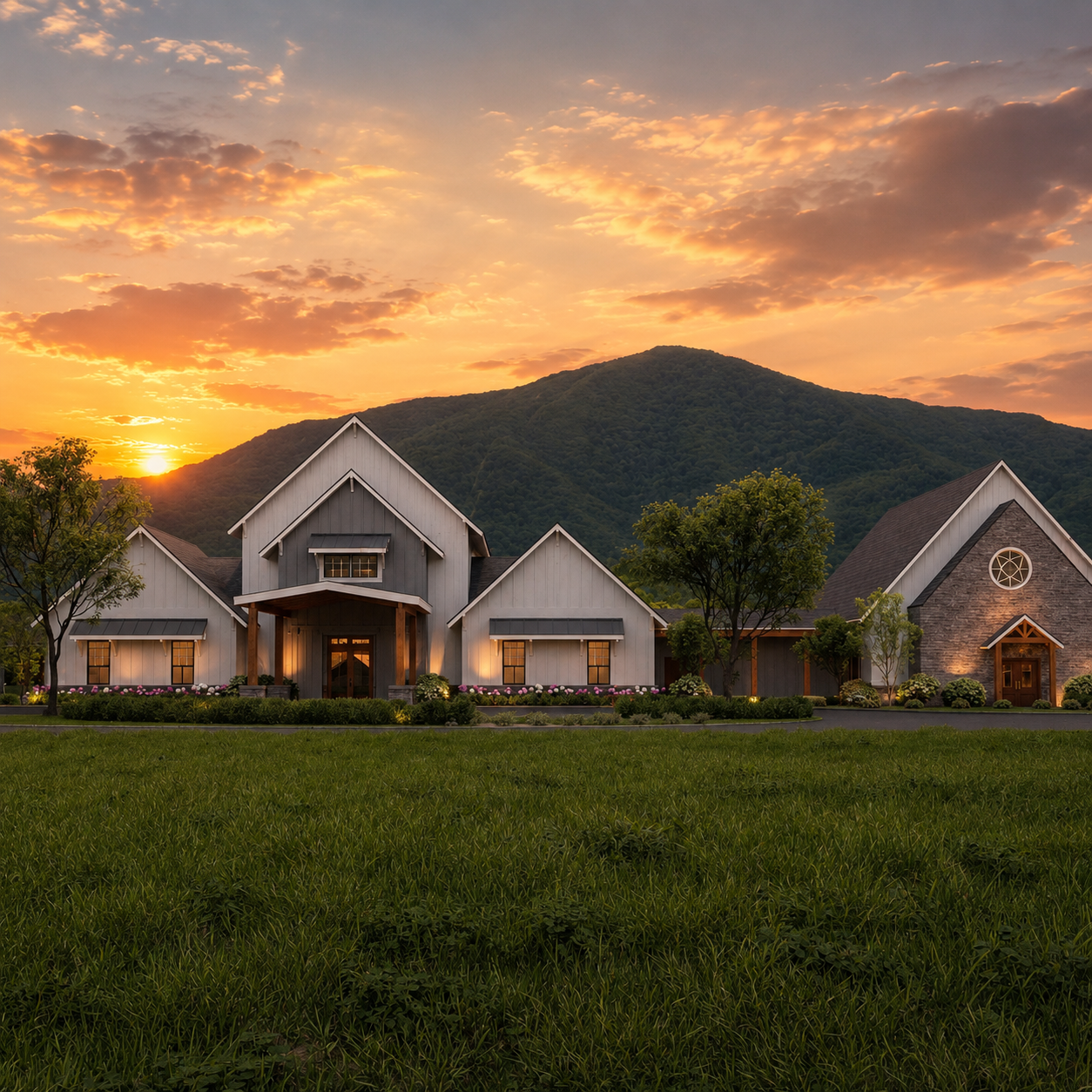 Exterior view of The Lumigail wedding venue and chapel at sunset, surrounded by Smoky Mountain views in Wears Valley, Tennessee.