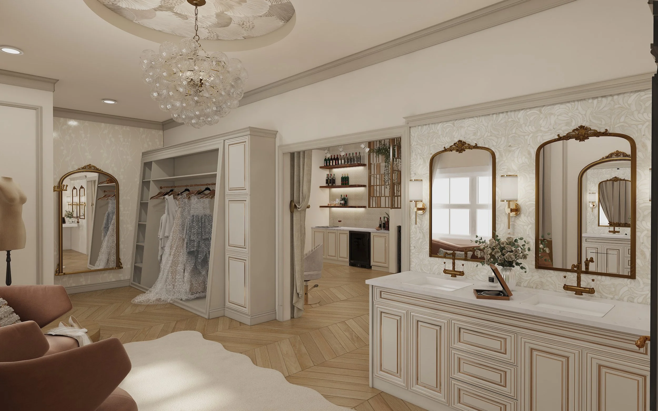 Elegant bridal suite with custom vanities, bridal gown display, lounge area, and private beauty bar at The Lumigail wedding venue in Wears Valley, Tennessee.