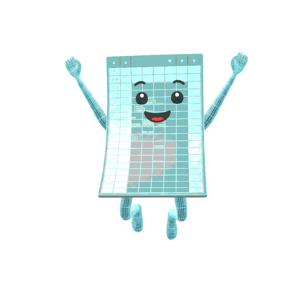 A cartoon digital character of a bouncing chequered calendar with arms and legs, smiling and raising its arms.