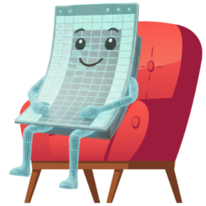 Cartoon grid-like character with a smiling face sitting on a red armchair.