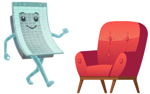 An animated illustration of a happy, smiling computer chair dancing next to a red armchair.
